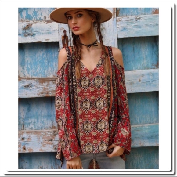 Angie Tops - Angie Cold Shoulder Top in Tribal Print